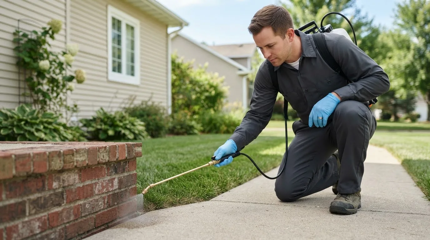 Pest control technician treating a home near Canterbury, CT